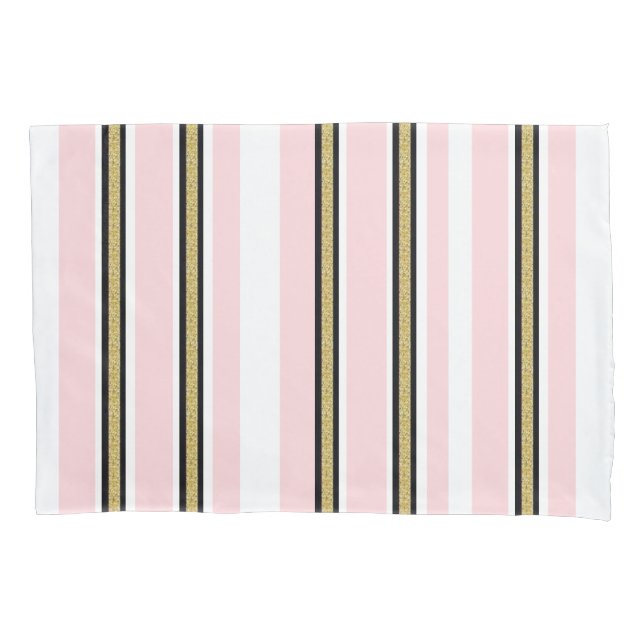 Estojo de Travesseiro Rosa & Branco Dourado Listra (Frente)