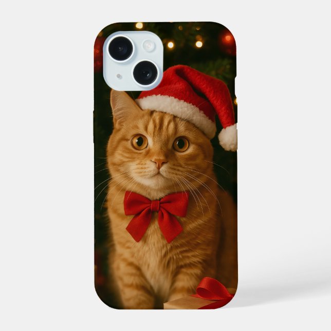 Estojo para iPhone 15 com Gato de Fita de Natal (Verso)