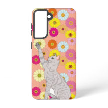 Estojo Samsung Galaxy Gato Cinza Alcançando Flores