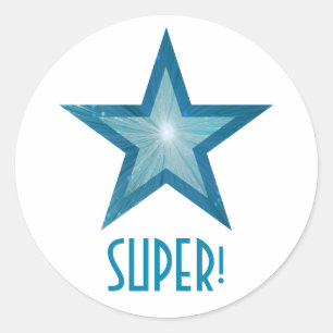Estrela azul "SUPER!" branco redondo da etiqueta