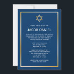 Estrela Dourada Azul de David Bar Mitzvah Convites<br><div class="desc">Um convite clássico ao Bar Mitzvah com uma estrela de David design em ouro e azul escuro. Moderno e formal. Designs são ilustrações/gráficos impressos planos - NÃO FOIL DE OURO REAL.</div>