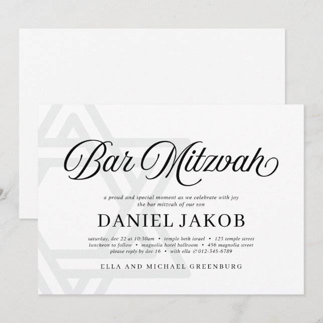 Estrela Elegante de David Convite Bar Mitzvah (Frente/Verso)