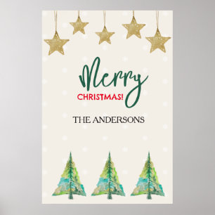 Estrelas De ouro E Poster de Árvore De Aquarela Co