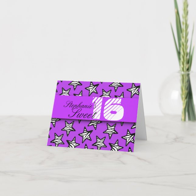 Estrelas de zebra roxas Doces 16 Cartão de Anivers (Frente)