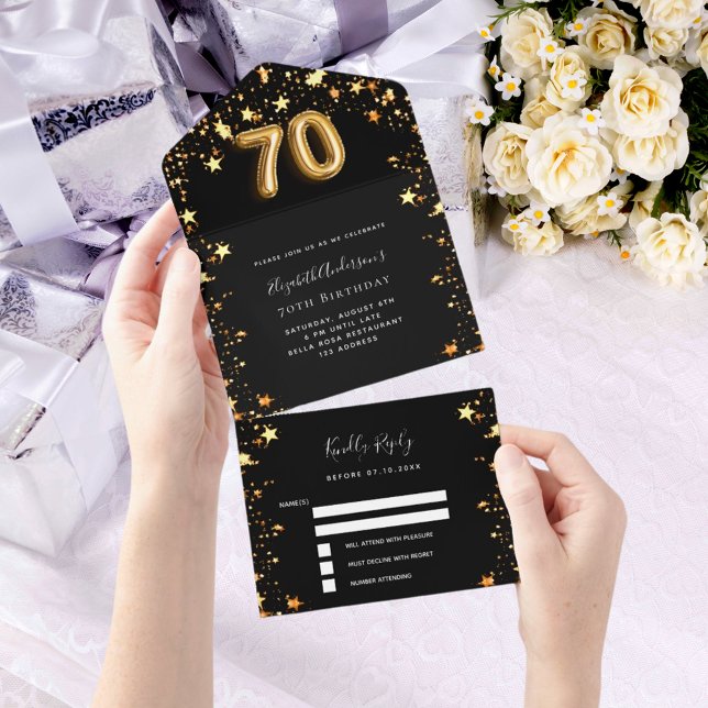 estrelas douradas pretas de 70 aniversário rsvp (Criador carregado)