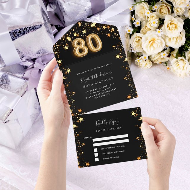 estrelas douradas pretas de 80 aniversário rsvp (Criador carregado)