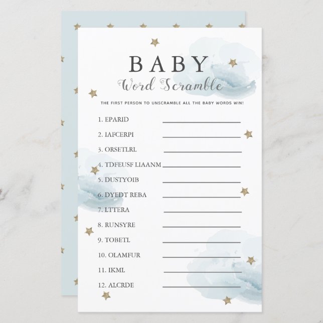 Estrelas e Nuvens Chá de fraldas Azul do Word Scra (Frente/Verso)