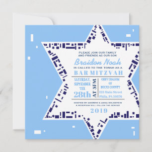 Estrelas e Quadrados Bar Bat Mitzvah Convite Azul