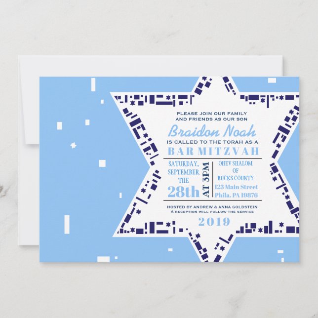 Estrelas e Quadrados Bar Bat Mitzvah Convite Azul (Frente)