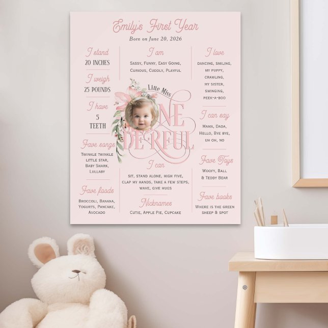 Etapa da foto do primeiro aniversario Rosa Miss Ma (Pink 1st birthday milestone poster. Little MIss Onederland themed Baby Girl one year stats poster.)