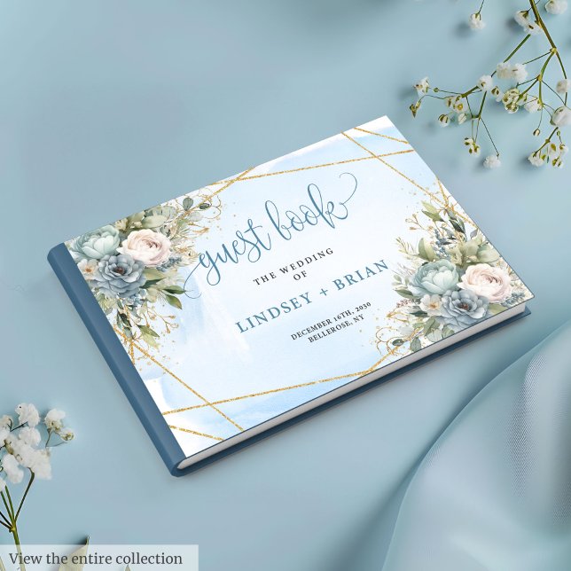 Eterno Azul Azul Branco Dourado Livro de Convidado (Timeless Dusty Blue White Gold Floral Guest Book)