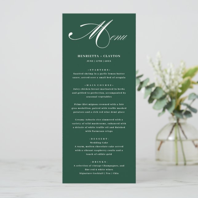 Eterno Elegance Emerald Green Wedding Menu (Em pé/Frente)