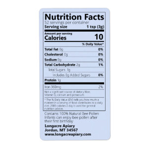 Etiqueta 2021 Bee Pollen Nutrition Facts Blue Product