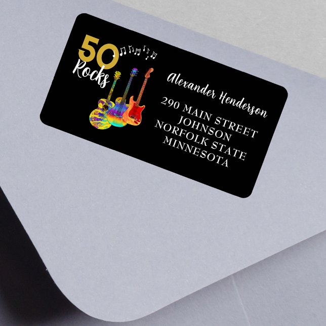 Etiqueta 50º Aniversário 50 Rochas (Rock and roll 50th birthday return address label funky psychedelic guitars & 50 Rocks gold and black)