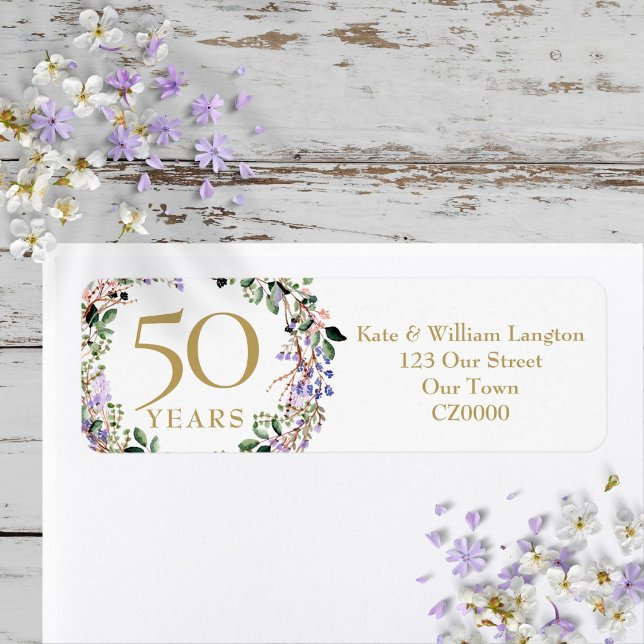 Etiqueta 50º Aniversário de Casamento Floral Endereço de De (Floral 50th Wedding Anniversary Return Address Label)