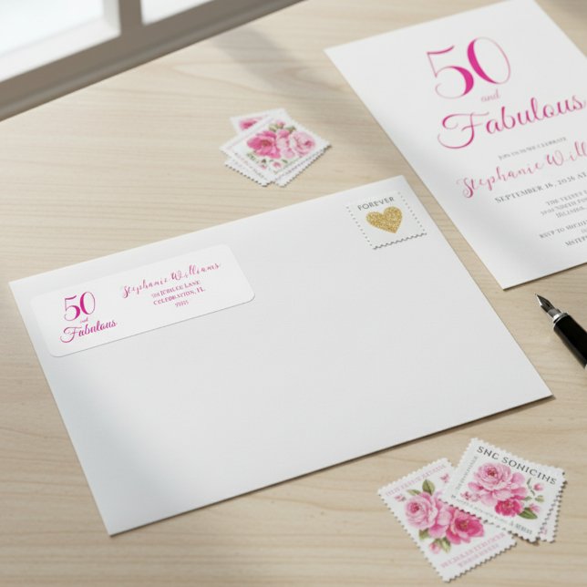 Etiqueta 50 and Fabulous Script Pink 50th Birthday Party  (Criador carregado)