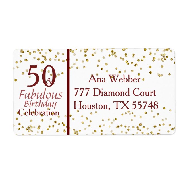 Etiqueta 50 e Fabuloso aniversário Borgonha e Dourado (Frente)