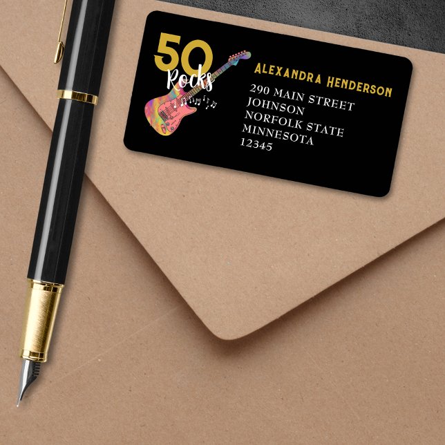 Etiqueta 50 Rochas Pretas Douradas 50ª Festa de aniversário (50 Rocks cool Pink Black and Gold 50th birthday party return address label )