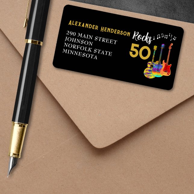 Etiqueta 50 Rocks Legal Guitar 50ª Festa de aniversário (Rocks 50 cool funky guitar gold and black 50th birthday party return address label)