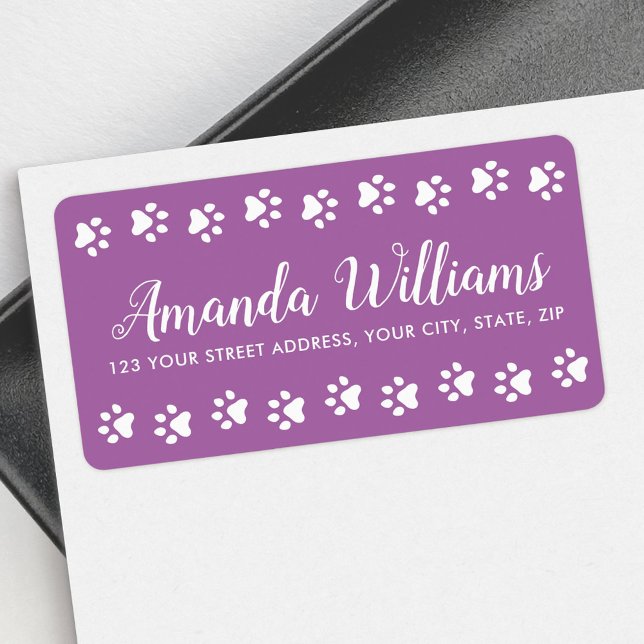 Etiqueta A pata imprime o endereço de retorno de script bon (Paw prints purple pretty script return address label)