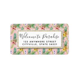 Etiqueta Abacaxi e Flores de Hibisco Aquarela Tropical