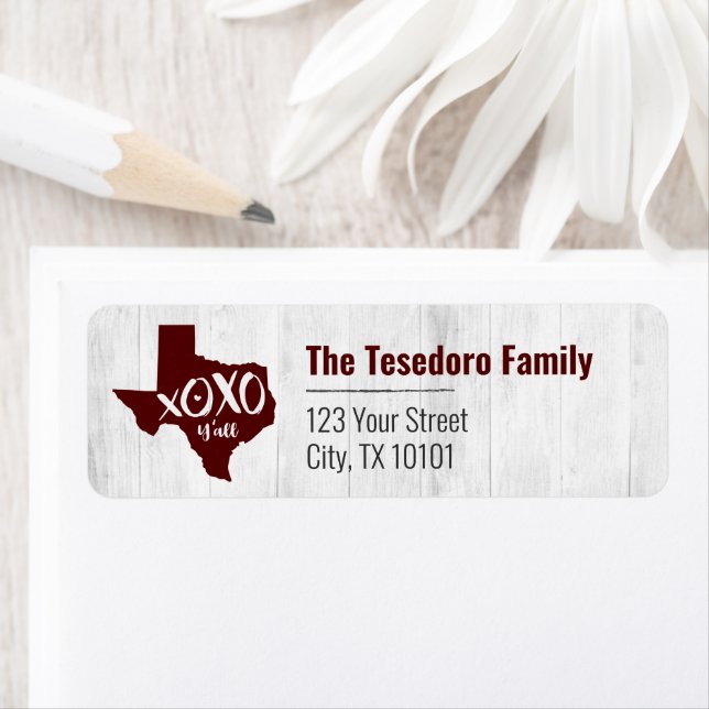 Etiqueta Aggies Maroon XOXO, Y'all - Forma do Estado do Tex (Insitu)