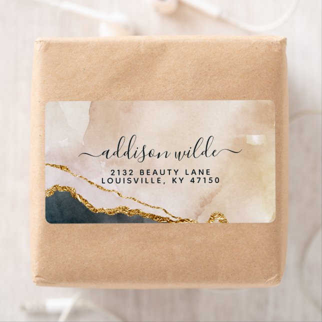 Etiqueta Água Marmoreada Rosa Preto Dourado Script Envio (Insitu)
