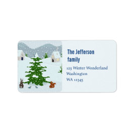 Etiqueta Aldeia de inverno com neve, coelho, esquilo e pinh