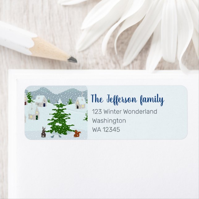 Etiqueta Aldeia de inverno com neve, coelho, esquilo e pinh (Insitu)