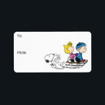 Etiqueta Amendoins | Snoopy, Sally & Linus Sled Gift Tag<br><div class="desc">Veja esta divertida design de Natal Peanuts com Snoopy,  Sally e Linus.</div>