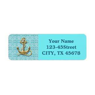 Etiqueta âncora de ouro damasco de turquesa náutica