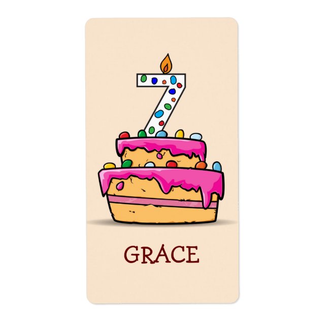 Etiqueta Aniversário de 7 anos de menina, 7 em Bolo Rosa Do (Frente)