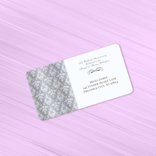 Etiqueta Aniversário de Casamento 25 Silver Damask (Silver Damask 25th Wedding Anniversary Return Address Label)