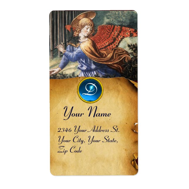 Etiqueta Anjo Colhendo Flores em uma Paisagem Celestial (Frente)