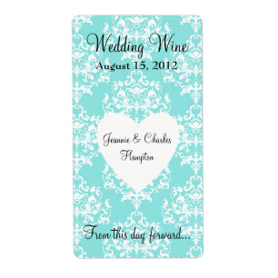 Etiqueta Aqua Blue Damask Wedding Mini Wine Label