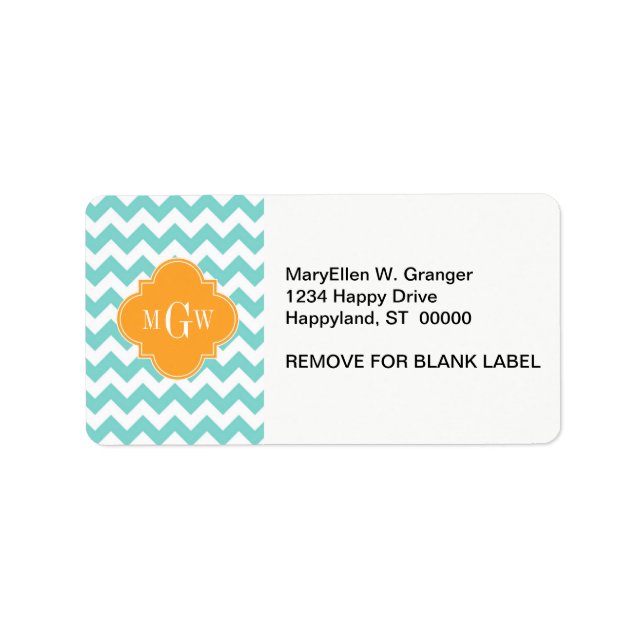 Etiqueta Aqua Wht Chevron Cantaloupe Quatrefoil 3 Monograma (Frente)