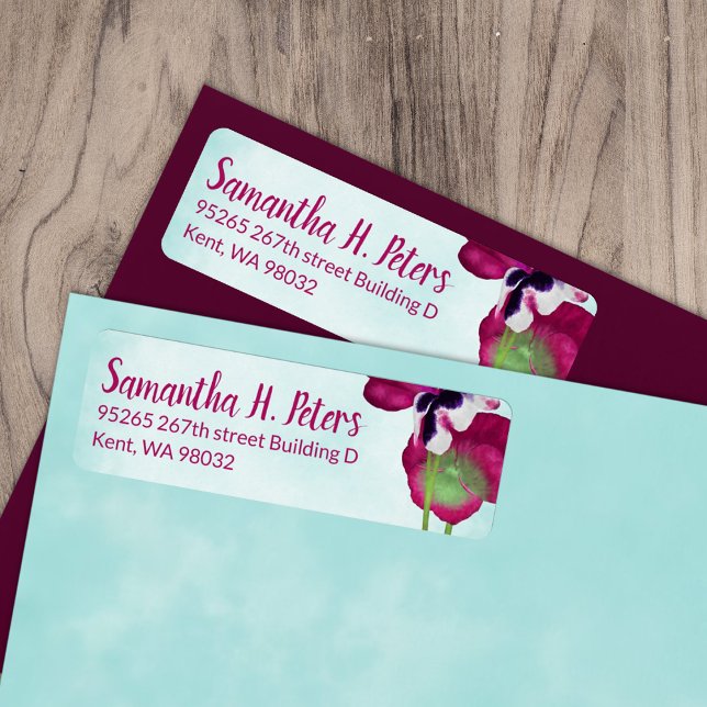 Etiqueta Aquamarine, Pansies Violetas Devolvem Rótulos de E (magenta pink berry turquoise pansy flowers wedding invitation address label, mailing return address)