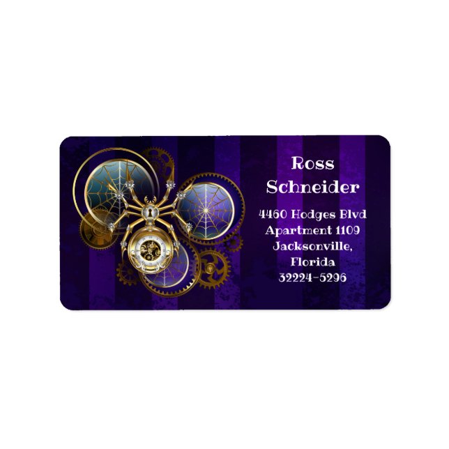 Etiqueta Aranha Steampunk no fundo roxo (Frente)