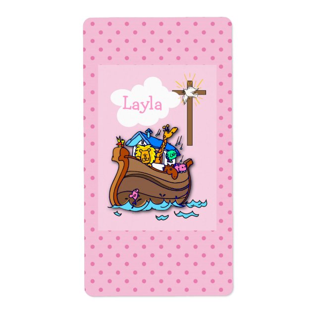 Etiqueta Arca de Noé Personalizável Batismo de Bebê, Menina (Frente)
