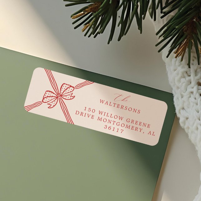 Etiqueta Arco de Natal Elegante e Fita presente (Elegant Christmas Bow & Ribbon Present Label)