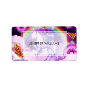 Etiqueta Arco-íris no espaço montando um unicórnio