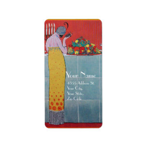 ETIQUETA ART DECO AJUSTADO DA SENHORA E DA MESA DAS FRUTAS