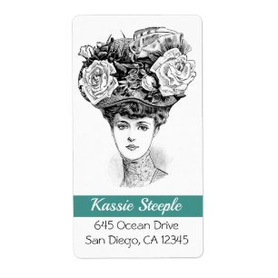 Etiqueta Arte de Mulher dos anos 1800 com Chapéu Floral