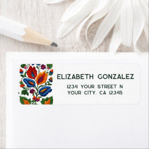 Etiqueta Arte Folclórico Colorido da Festa Mexicana com Flo