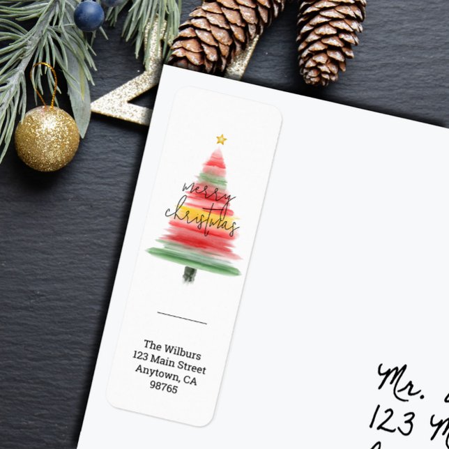 Etiqueta Árvore de Natal Aquarela Moderna Endereço de Devol (Modern watercolor stripes Christmas tree return address labels)