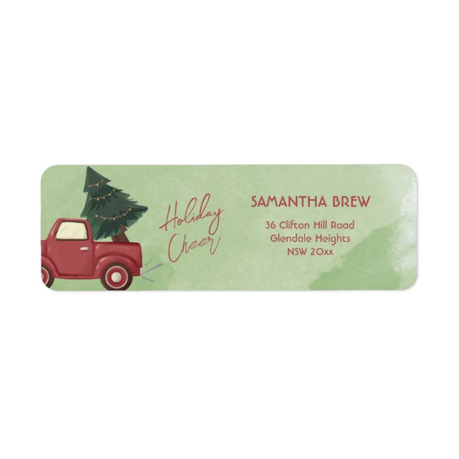 Etiqueta Árvore de Natal Caminhão Vermelho Aquarela Fofa  (Frente)