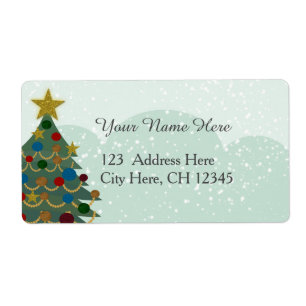 Etiqueta Árvore de Natal com estrela, bulbos e neve