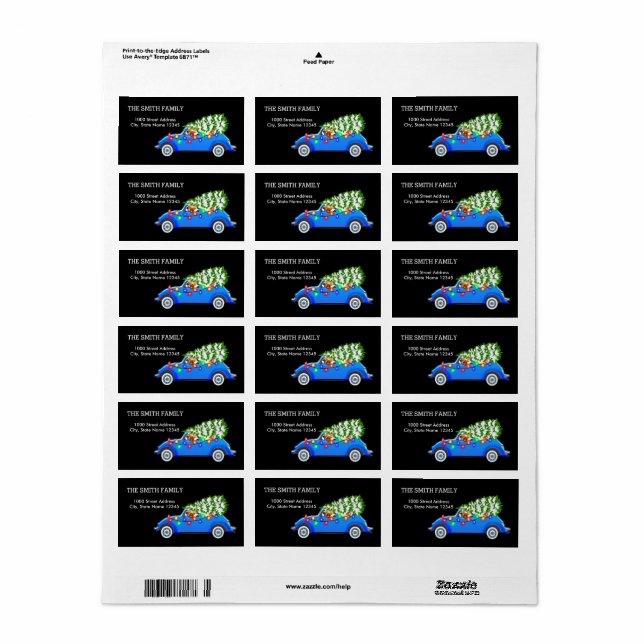 Etiqueta Árvore de Natal com fundo preto de carro (Toda a folha)
