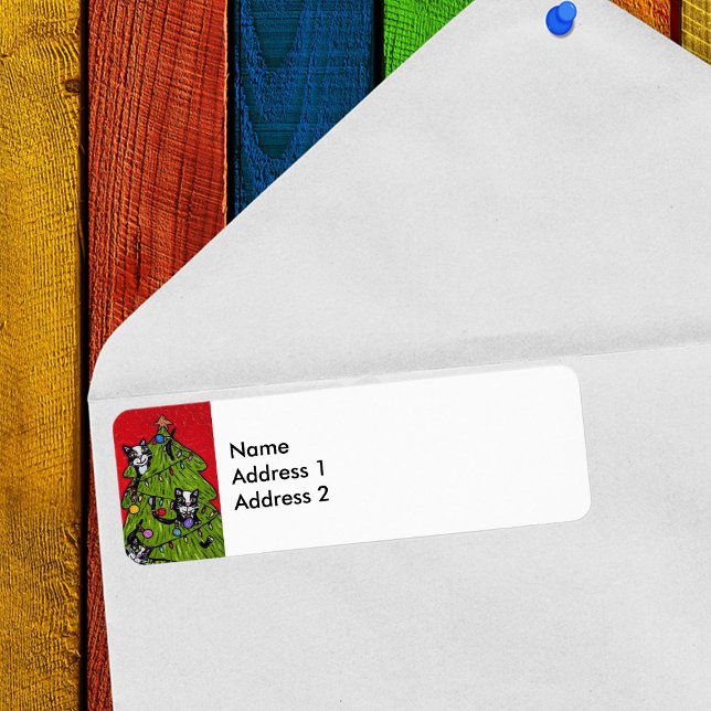 Etiqueta Árvore de Natal de Gatos de Arte Folha (Naughty tuxedo Cats in decorated Christmas Tree on return address labels.)