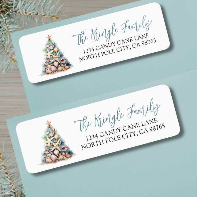 Etiqueta Árvore de Natal de Praia Endereço de Devolução (Beach Christmas Tree Return Address label )